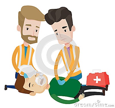 Emergency doctors carrying man on stretcher. Vector Illustration