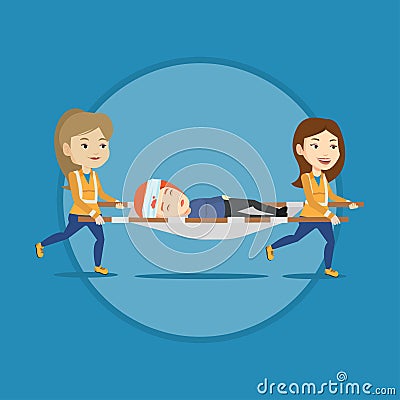 Emergency doctors carrying woman on stretcher. Vector Illustration