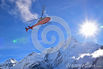 Emergency evacuation chopper helicopter for extreme weather cases at Gorekshep, Everest Base Camp EBC, Nepal Stock Photo