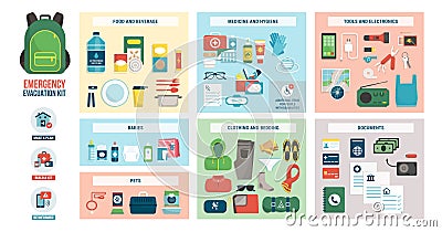 Emergency evacuation kit with supplies Vector Illustration