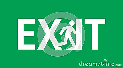 Emergency exit door sign vector illustration.Service icon of evacuation. Direction to doorway on green background Cartoon Illustration