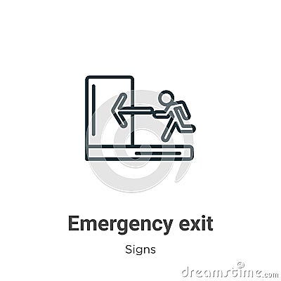 Emergency exit outline vector icon. Thin line black emergency exit icon, flat vector simple element illustration from editable Vector Illustration
