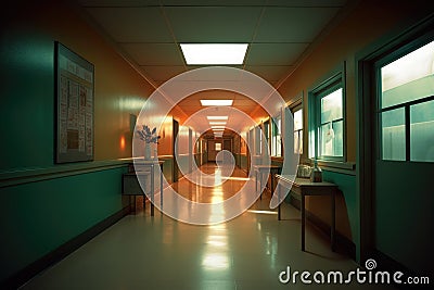 emergency exit sign glowing in a hospital corridor Stock Photo