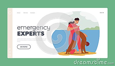 Emergency Experts Landing Page Template. Rescuer Female Character Provides Service For Drowning Man Vector Illustration