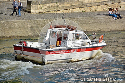 Emergency fire boat on the River Seine Paris Editorial Stock Photo
