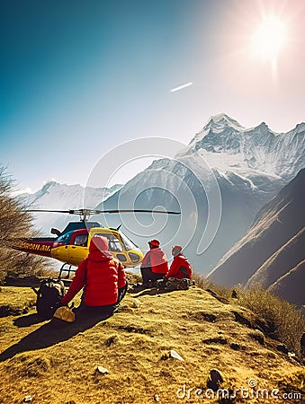 Emergency fly tranportation. Air mountain rescue helicopter. Generative AI Stock Photo