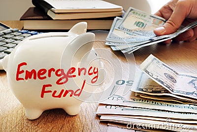 Emergency fund written on a piggy bank. Stock Photo
