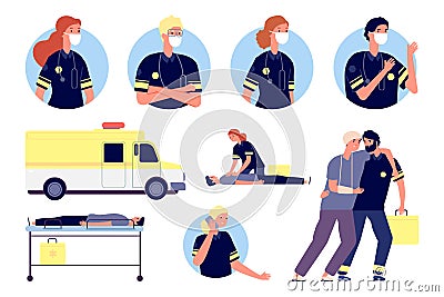 Emergency help. Paramedics characters, first aid and saving people. Medical team working, ambulance and doctors avatars Vector Illustration