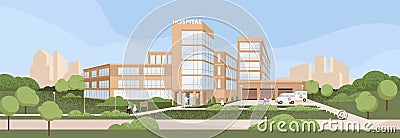 Emergency hospital building exterior with ambulance car parking. Health center, city public clinic construction Vector Illustration