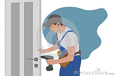 Emergency Locksmith Service. Professional Locksmith Mechanic Work. Flat Cartoon Illustration Stock Photo