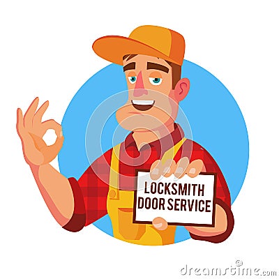 Emergency Locksmith Service Vector. Professional Locksmith Mechanic Work. Flat Cartoon Illustration Vector Illustration