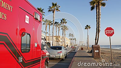 Emergency medical service vehicle. Fire department ambulance car. Paramedic rescue California USA Editorial Stock Photo