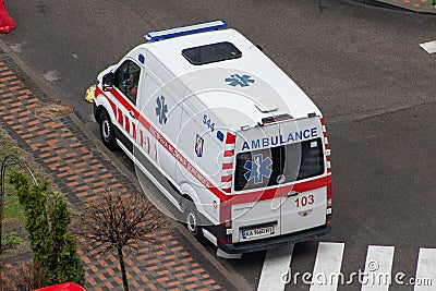 Emergency medical vehicle. 103 Ukrainian ambulance on the street. Editorial Stock Photo