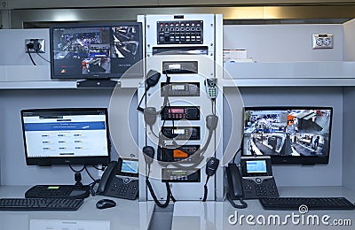 Emergency operator workplace, control panel, thermal imaging monitors, computers Editorial Stock Photo