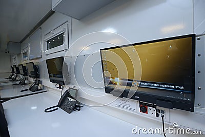 Emergency operators workplace, control panels, thermal imaging monitors, computers. Kyiv Ukraine Editorial Stock Photo