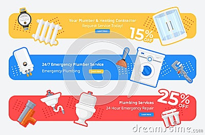 Emergency plumber service horizontal landing page vector illustration. Advertising internet promo Vector Illustration