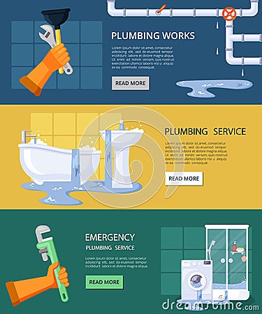 Emergency plumbing horizontal banners. Repair clogged pipe drain emergency elimination dirty water streams pouring from Vector Illustration