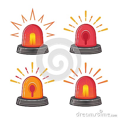 Emergency red siren icon set. Ambulance or police flasher. Alarm fire siren. Rotating lamp. Alert flashing beacon. Warning sign Vector Illustration