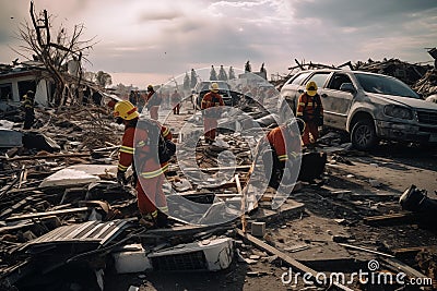 Emergency responders working amidst wreckage. Generative AI Stock Photo