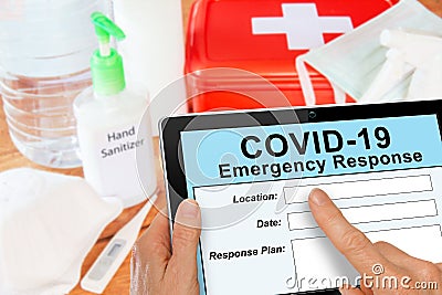 Emergency Response kit for Covid19 Coronavirus with mask and sanitizer Stock Photo