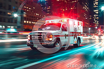 Emergency Response: Speeding Ambulance in Urban Hustle. Stock Photo
