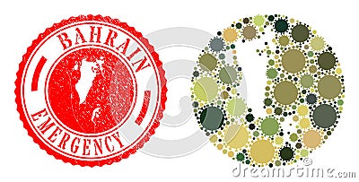 Emergency Scratched Badge and Coronavirus Mosaic Stencil Bahrain Map in Khaki Military Colors Vector Illustration