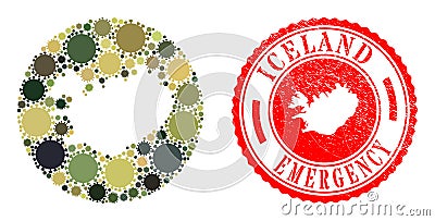 Emergency Scratched Stamp and Covid Infection Mosaic Hole Iceland Map in Camouflage Military Colors Vector Illustration