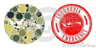 Emergency Scratched Stamp and Viral Mosaic Subtracted Indonesia Map in Khaki Army Colors Vector Illustration