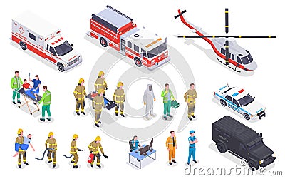 Emergency Service Isometric Set Vector Illustration