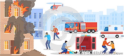 Emergency service rescue people from destroyed burning house, doctor help victim, vector illustration Vector Illustration