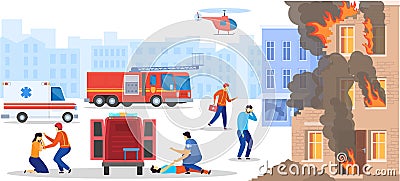 Emergency service rescue people from destroyed burning house, doctor help victim, vector illustration Vector Illustration