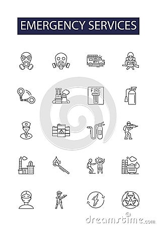 Emergency services line vector icons and signs. Firefighter, Policeman, Rescue, Paramedic, 9, EMT, Extinguish, Trauma Vector Illustration