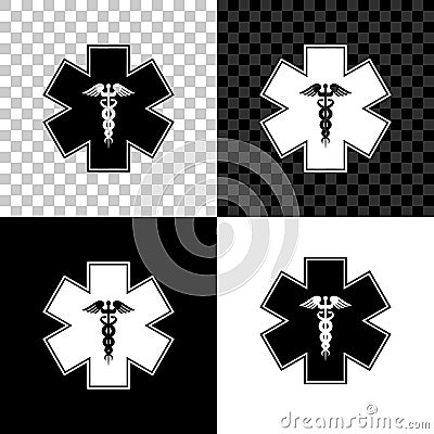 Emergency star - medical symbol Caduceus snake with stick icon isolated on black, white and transparent background. Star Vector Illustration