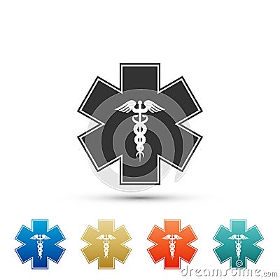 Emergency star - medical symbol Caduceus snake with stick icon isolated on white background. Star of Life. Set elements Vector Illustration
