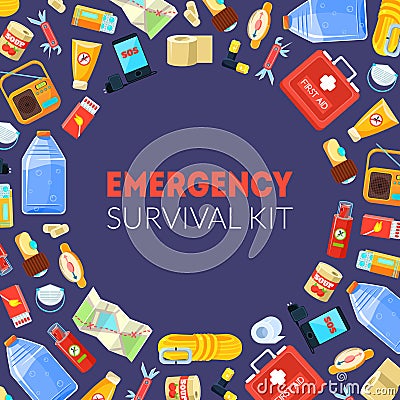 Emergency Survival Kit Banner Template with Travel Necessities Seamless Pattern Vector Illustration Vector Illustration