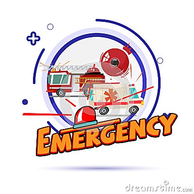 Emergency symbol concept. Fire car, ambulance with siren light - vector Cartoon Illustration