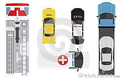 Emergency transport set from above, top view. Cute cartoon cars with shadows. Police, ambulance, taxi, fire car, wrecker. Modern Vector Illustration