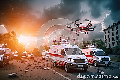 emergency vehicle with sirens blaring, surrounded by swarm of autonomous drones carrying medical supplies Stock Photo