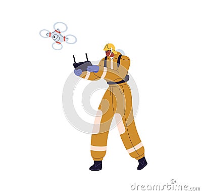 Emergency worker using copter for firefighting, fire detecting. Firefighter searching, locating danger with equipment Vector Illustration