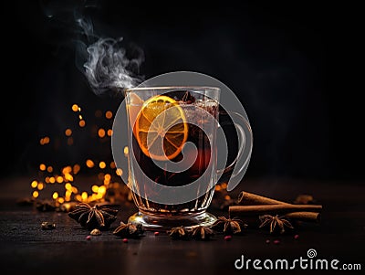 Midnight Elixir: Spiced Mulled Wine with Star Anise and Cinnamon on a Stark Black Canvas Stock Photo