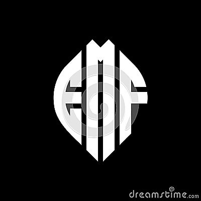 EMF circle letter logo design with circle and ellipse shape. EMF ellipse letters with typographic style. The three initials form a Vector Illustration