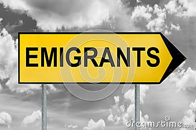 Emigrants traffic sign with black and white cloudy sky Stock Photo