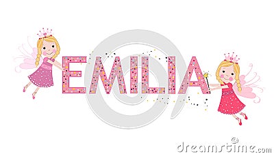 Emilia female name with cute fairy tale Vector Illustration