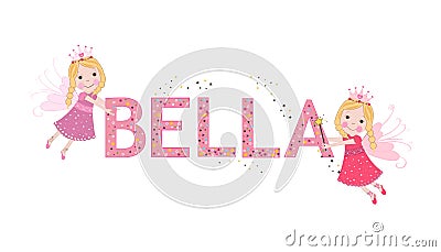 Emilia female name with cute fairy tale Vector Illustration