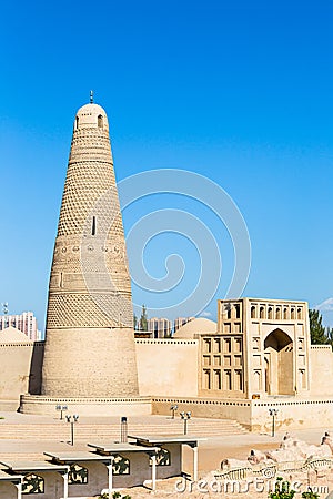 Emin minaret, or Sugong tower, in Turpan, is the largest ancient Islamic tower in Xinjiang, China. Stock Photo