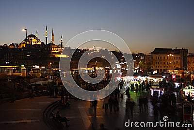 Eminonu Square nightview with Aksaray Valide Mosque, Istanbul, Turkey Editorial Stock Photo