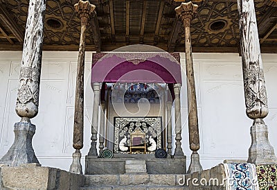 The Emir`s throne room with the throne of Said Alim Khan. Ark Fortress, Bukhara, Editorial Stock Photo