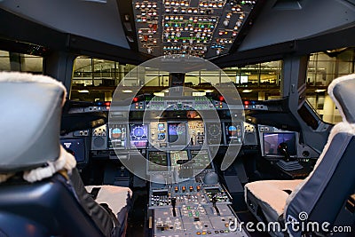 Emirates Airbus A380 aircraft cockpit interior Editorial Stock Photo