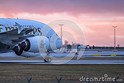 Emirates Airbus A380 Departing from Prague Airport Editorial Stock Photo