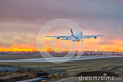 Emirates Airbus A380 Departing from Prague Airport Editorial Stock Photo